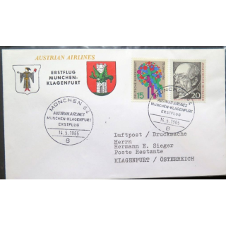 Enveloppe 1° jour Austrian Airlines Erstflug Munchen Klagenfurt 14 mai 1965