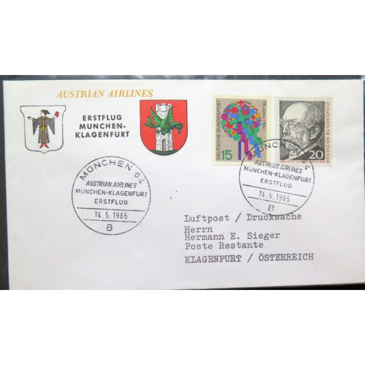 Enveloppe 1° jour Austrian Airlines Erstflug Munchen Klagenfurt 14 mai 1965