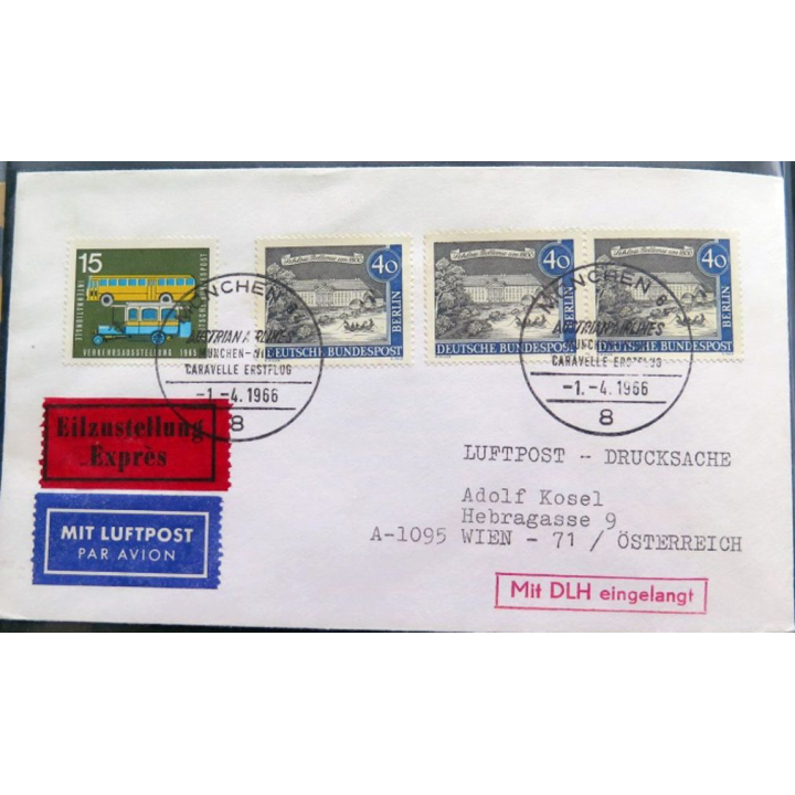Enveloppe 1° jour Austrian Airlines Erstflug Munchen Vien 1 avril 1966