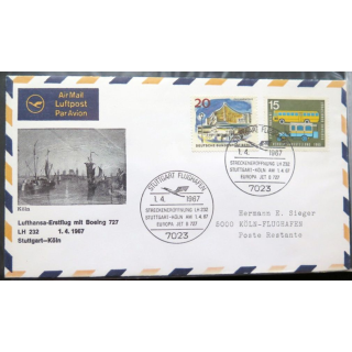 Enveloppe 1° jour Lufthansa Erstflug Stuttgart Köln 1 avril 1967