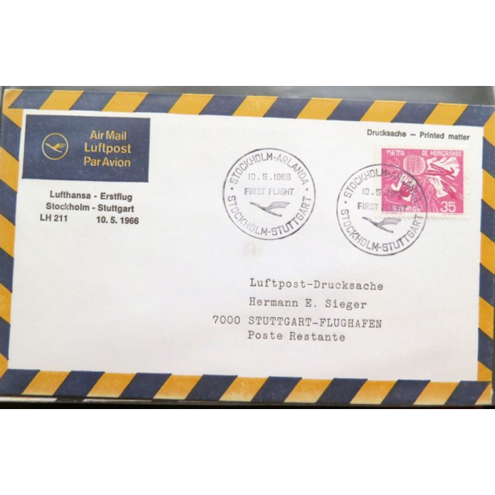 Enveloppe 1° jour Lufthansa Erstflug Stockholm Stuttgart 10 mai 1966