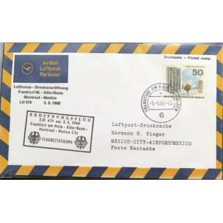 Enveloppe 1° jour Lufthansa Eruffnungsflug Frankfurt/Main Mexico City 5 mai 1966