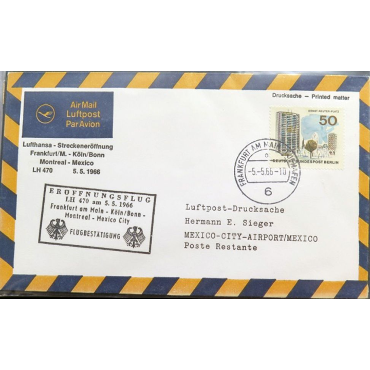 Enveloppe 1° jour Lufthansa Eruffnungsflug Frankfurt/Main Mexico City 5 mai 1966