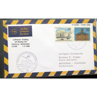 Enveloppe 1° jour Lufthansa Erstflug Hamburg Amsterdam 1 avril 1966