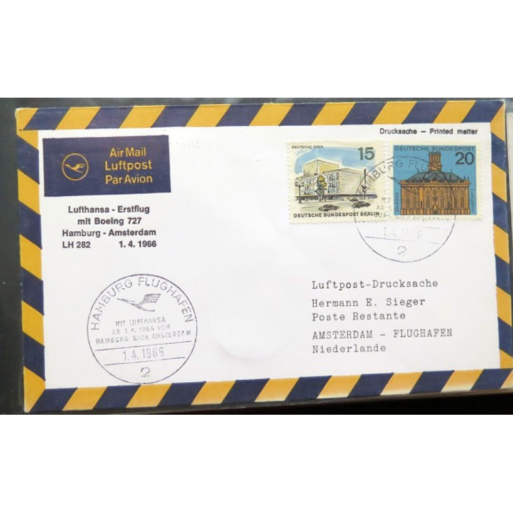 Enveloppe 1° jour Lufthansa Erstflug Hamburg Amsterdam 1 avril 1966
