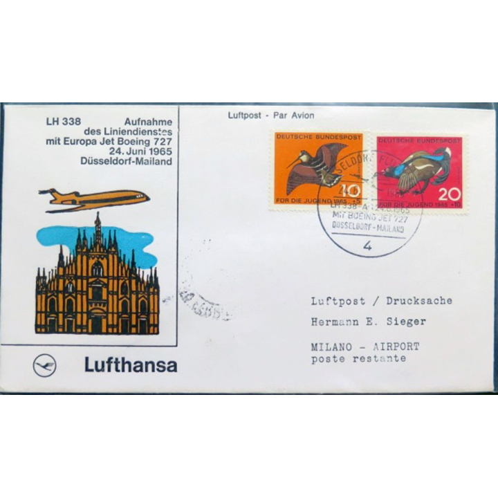 Enveloppe 1° jour Lufthansa Aufnahme Düsseldorf Mailand 24 juin 1965
