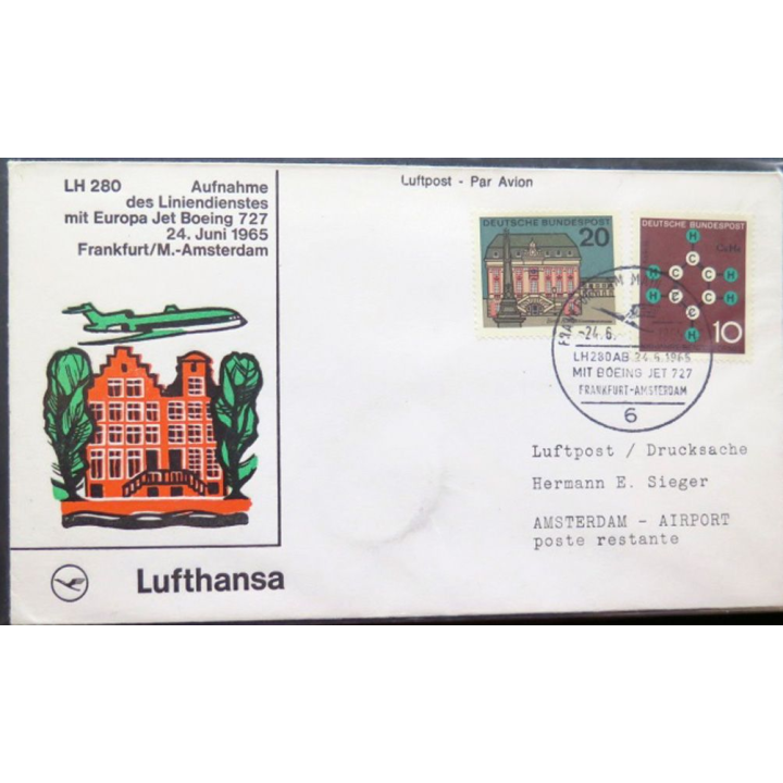 Enveloppe 1° jour Lufthansa Aufnahme Frankfurt Amsterdam 24 juin 1965