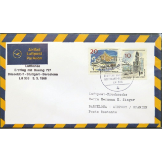 Enveloppe 1° jour Lufthansa Erstflug Düsseldorf Stuttgart Barcelona 3 mars 1966