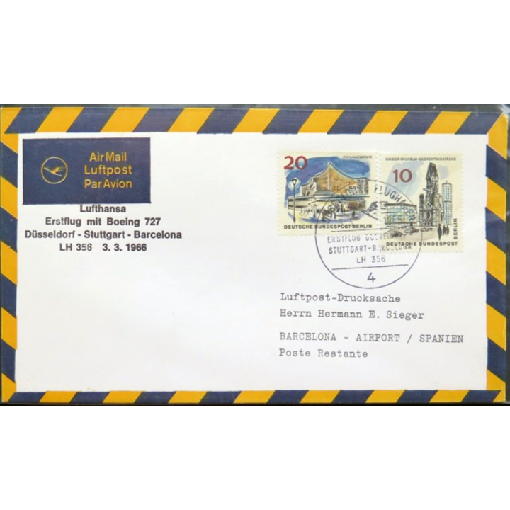 Enveloppe 1° jour Lufthansa Erstflug Düsseldorf Stuttgart Barcelona 3 mars 1966