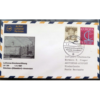 Enveloppe 1° jour Lufthansa Streckeneröffnung München Amsterdam 1 April 1967
