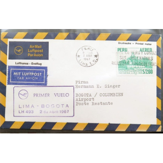 Enveloppe 1° jour Lufthansa Erstflug Primer vuelo Lima Bogota 2 avril 1967