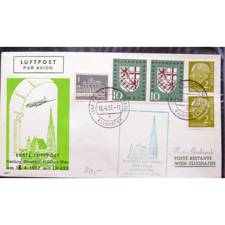 Luftpost Erstflug Hamburg Düsseldorf Frankfurt Wien 18 avril 1957