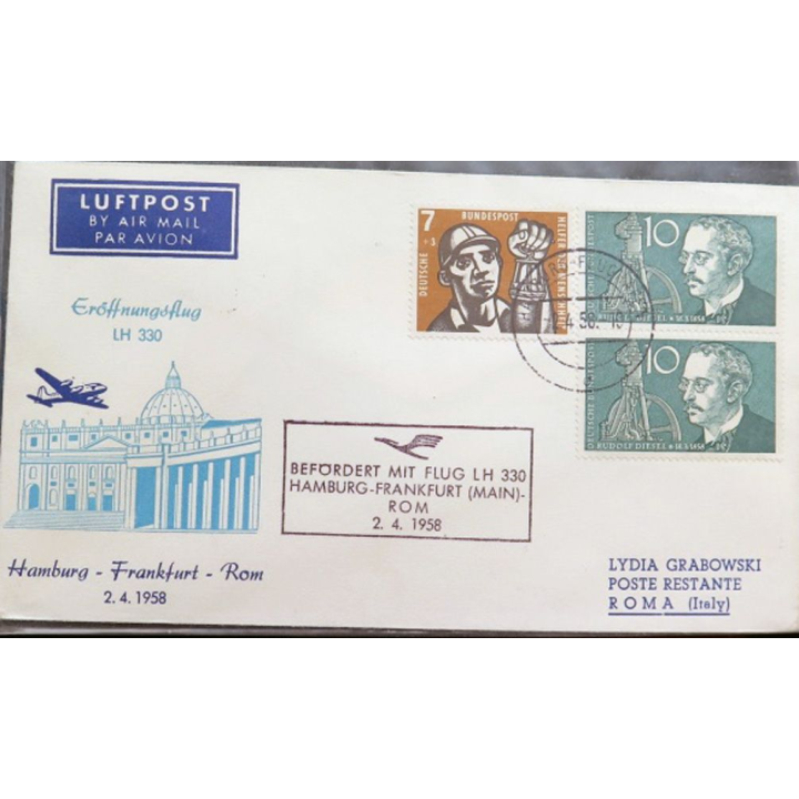 Enveloppe 1° jour Luftpost Eröffnungsflug Hamburg Frankfurt Rom 2 avril 1958