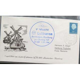 Enveloppe 1° jour Lufthansa 1° Vlucht Amsterdam Hamburg 1 avril 1966