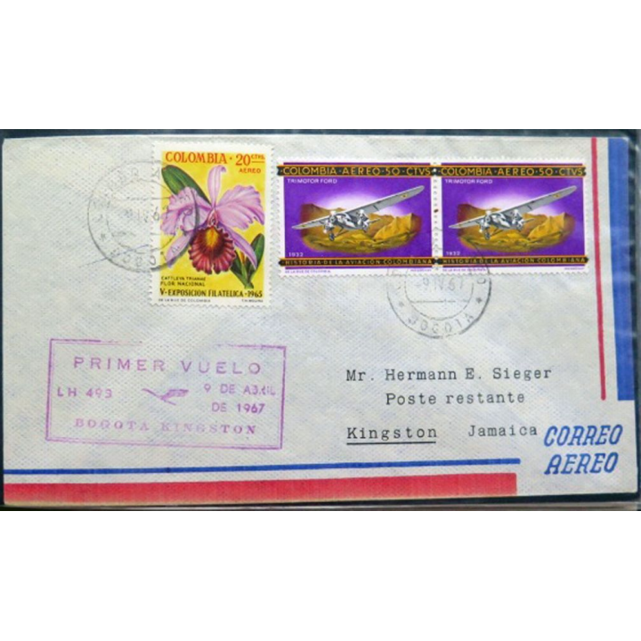 Enveloppe 1° jour Correo Aereo Primer Vuelo Bogota Kingston 9 avril 1967