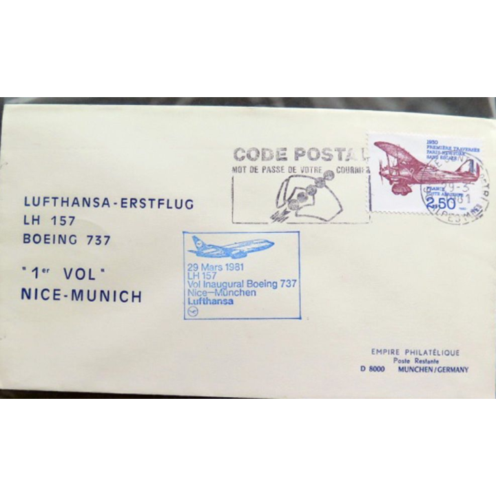 Enveloppe 1° jour Lufthansa Erstflug 1° vol Nice Munich 29 mars 1981