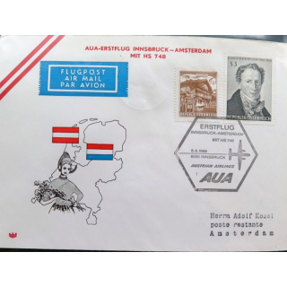 Enveloppe 1° jour Austrian Airlines AUA Erstflug Innsbruck Amsterdam 6 juin 1966