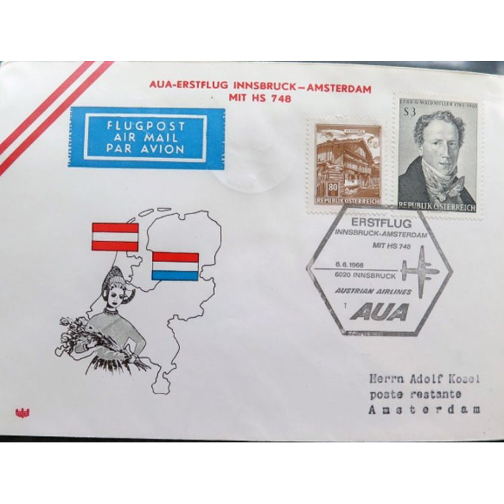 Enveloppe 1° jour Austrian Airlines AUA Erstflug Innsbruck Amsterdam 6 juin 1966