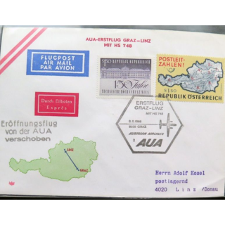 Enveloppe 1° jour Austrian Airlines AUA Erstflug Graz Linz 9 mai 1966
