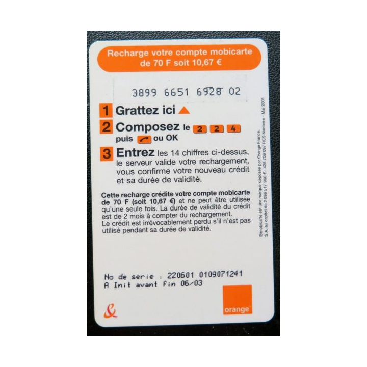 carte téléphonique mobicarte recharge orange 70