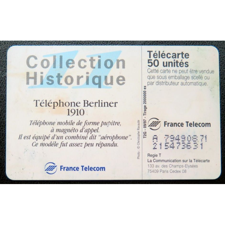 télécarte 50 unités Téléphione Berliner 1910 France télécom