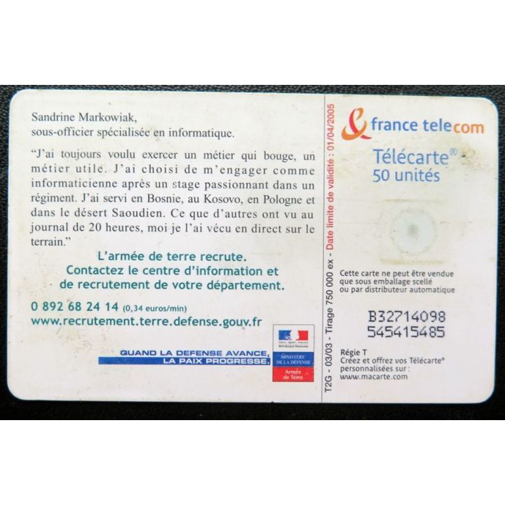 télécarte 50 unités Armée de terre recherche informaticiens France télécom