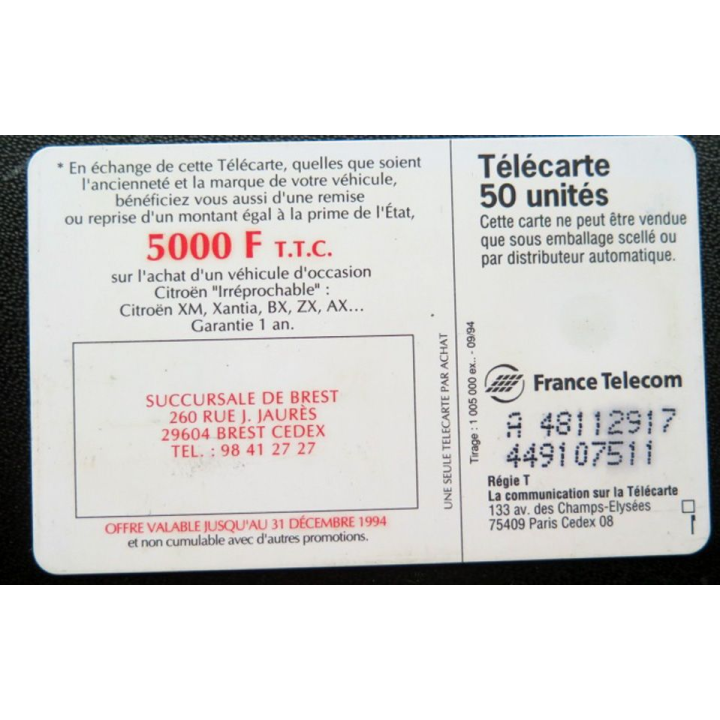 télécarte 50 unités Citroën cette carte vaut 5000 F TTC France télécom