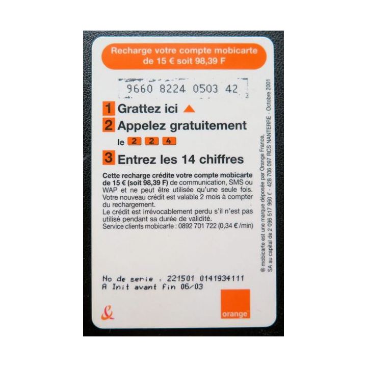 Mobicarte recharge 15 € Orange