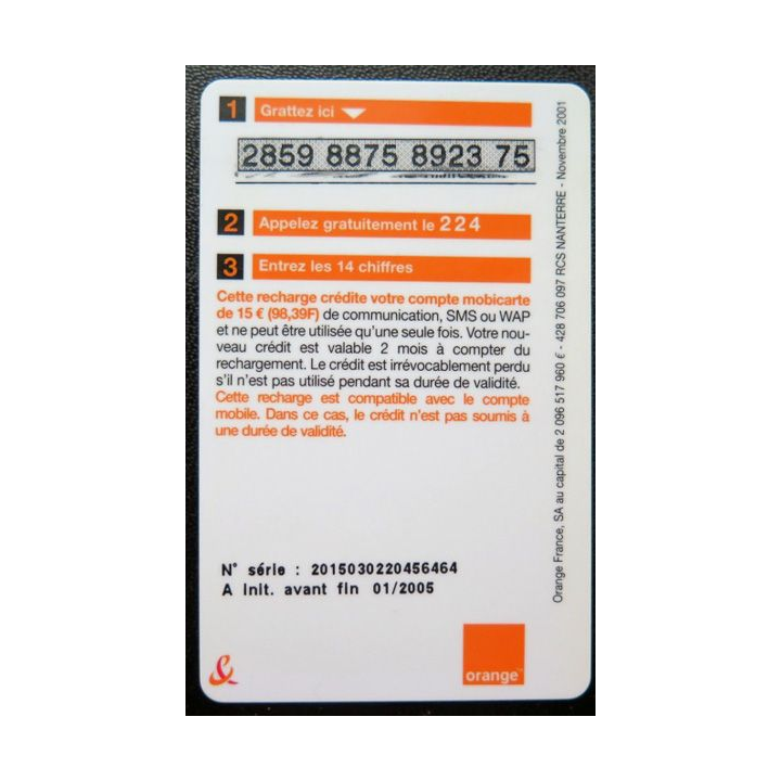Mobicarte recharge 15 € Orange