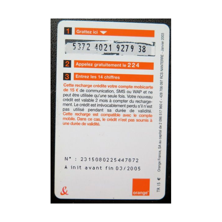 Mobicarte recharge 15 € Orange