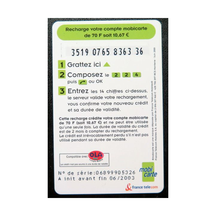 Mobicarte recharge 70 F France Telecom