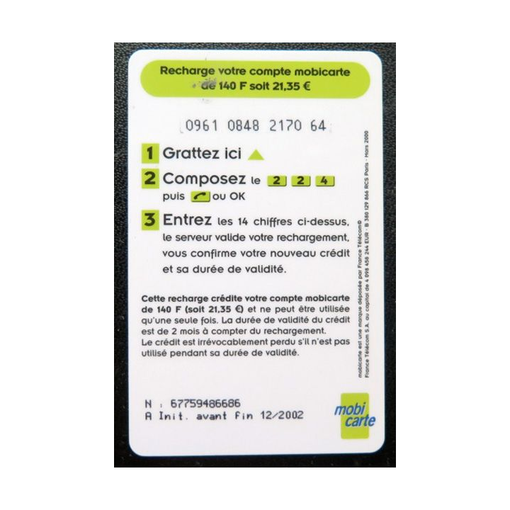 Mobicarte recharge 140 F France Telecom