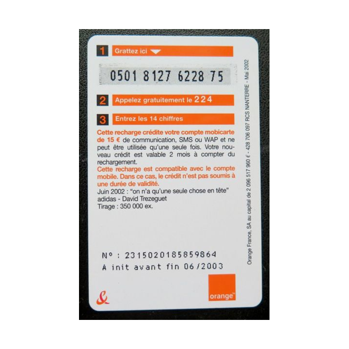 Mobicarte recharge 15 € Adidas Orange