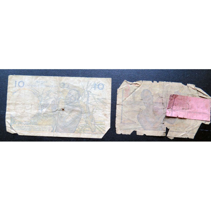 Billet de 10 francs et de 5 francs de l'Afrique occidentale très usagés