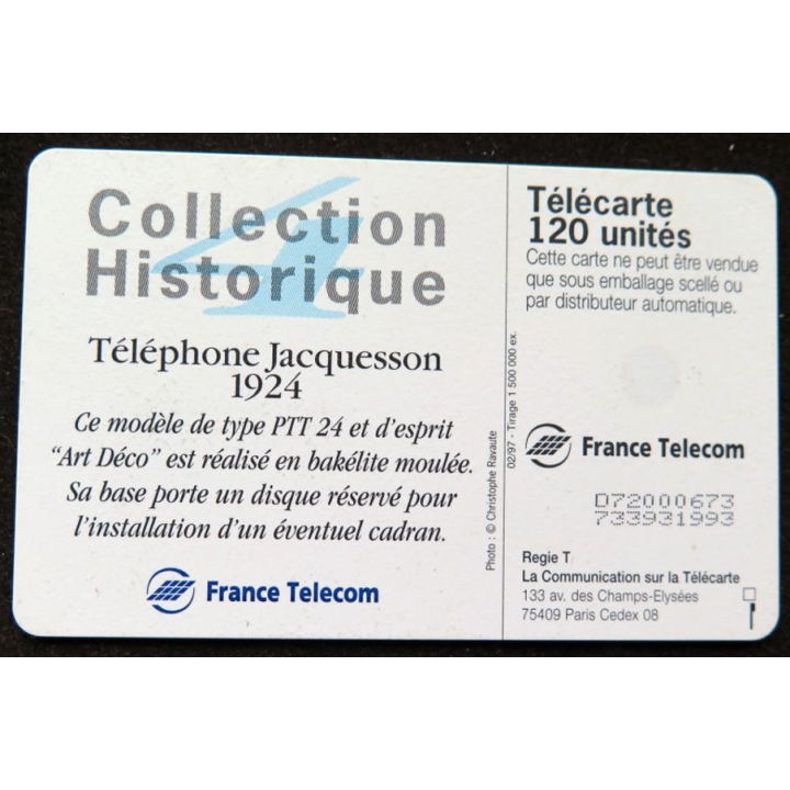 télécarte 120 unités Collection historique téléphone Jacquesson 1924