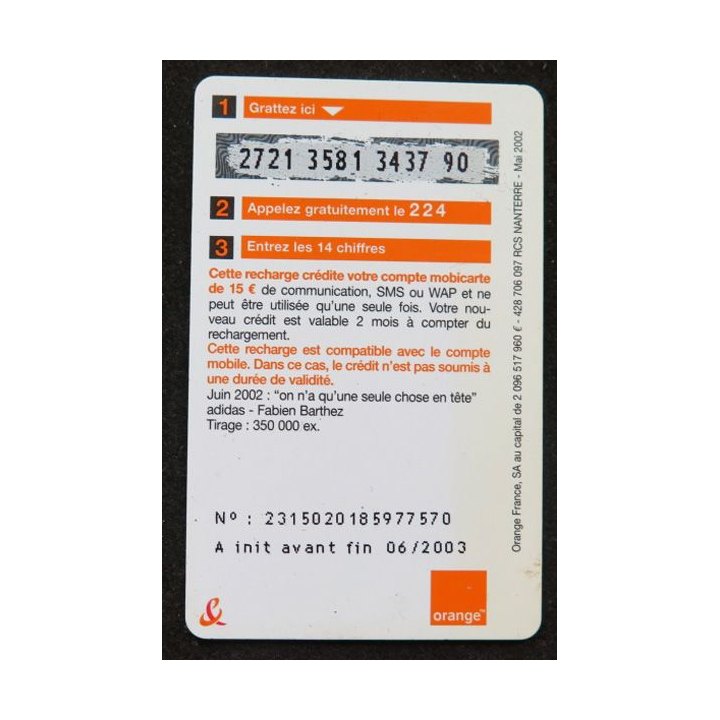 Mobicarte recharge 15 € Adidas Orange