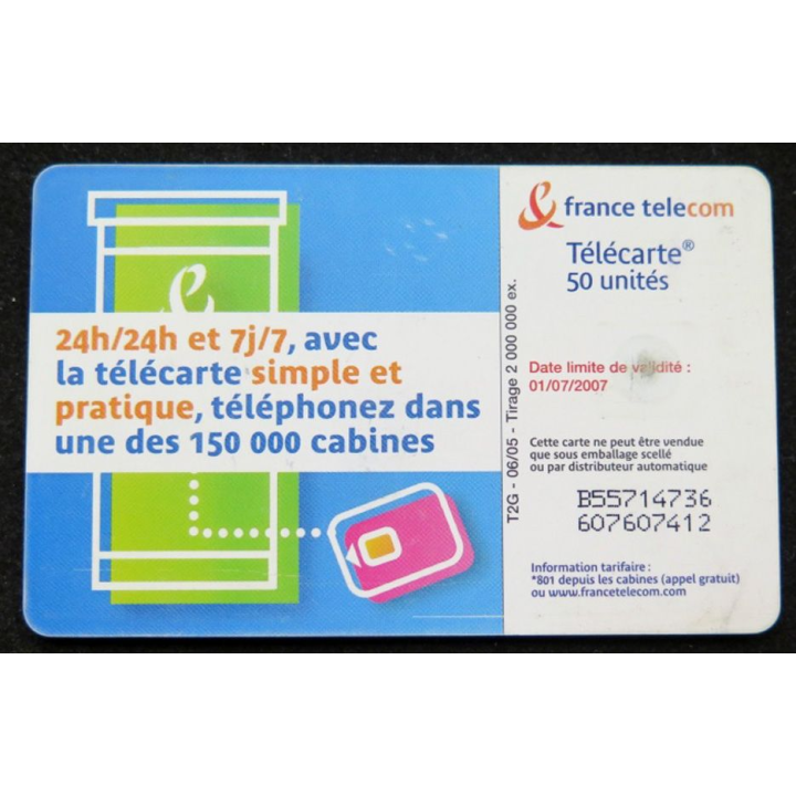 télécarte 50 unités France télécom 150 000 cabines 24h/24h et 7j/7j 
