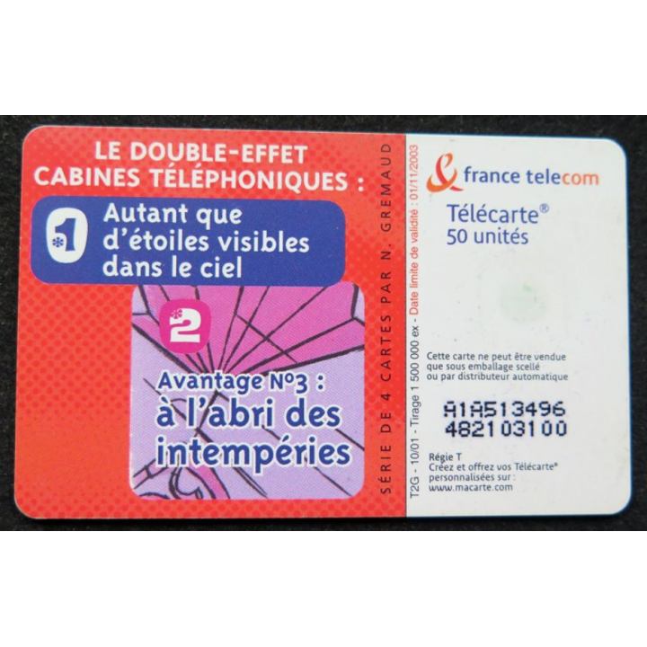 télécarte 50 unités France télécom cabines à l'abri des intempéries