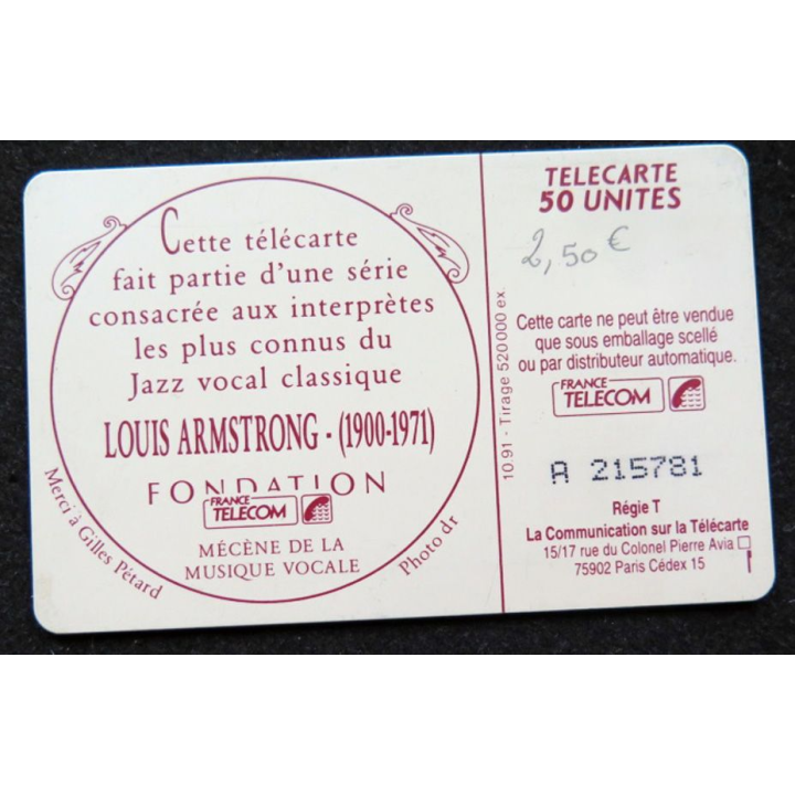 télécarte 50 unités Louis Armstrong l'Art Vocal France télécom