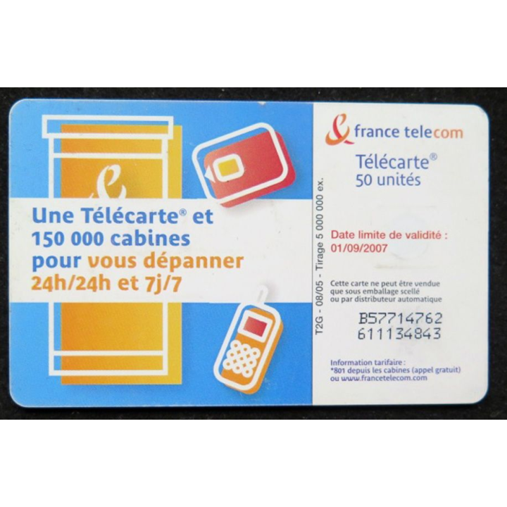 télécarte 50 unités France télécom 150 000 cabines 24h/24h et 7j/7j 