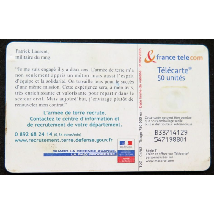 télécarte 50 unités Armée de terre recherche BEPC France télécom