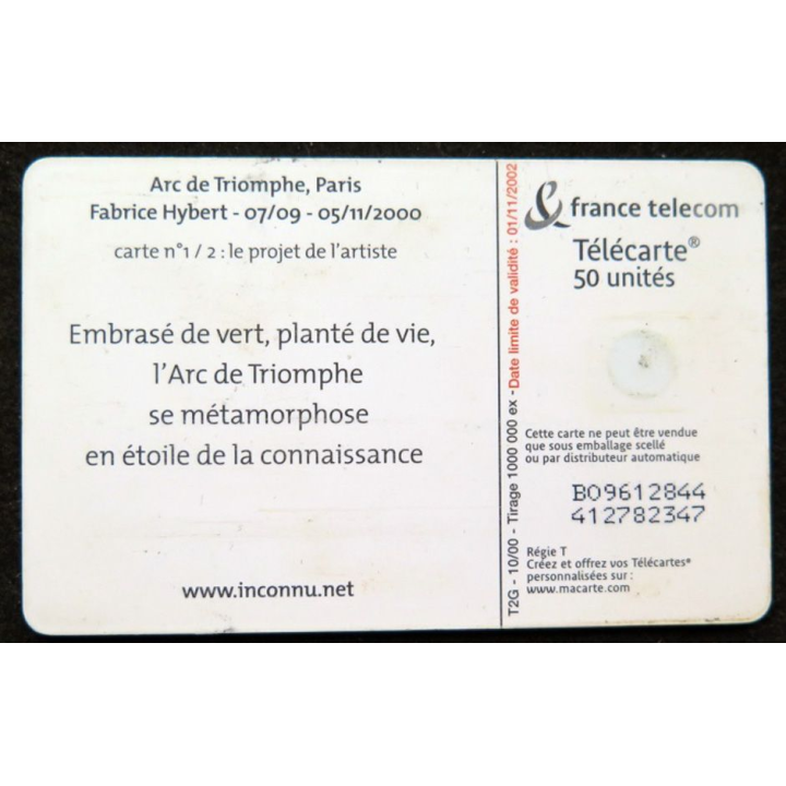 télécarte 50 unités France télécom Arc de triomphe Fabrice Hybert