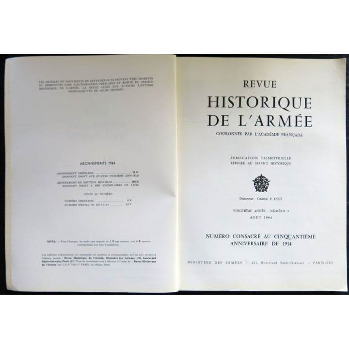 Revue historique de l'armée - 1964 - 20° année N° 3 insigne métallique Drago sur la couverture