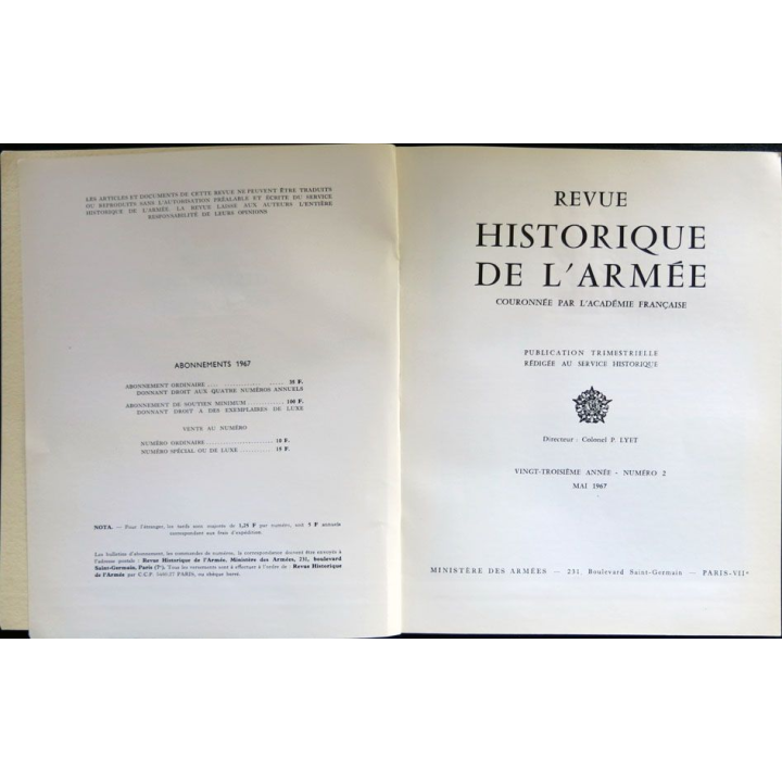 Revue historique de l'armée - 1967 - 23° année N° 2 insigne métallique Drago sur la couverture