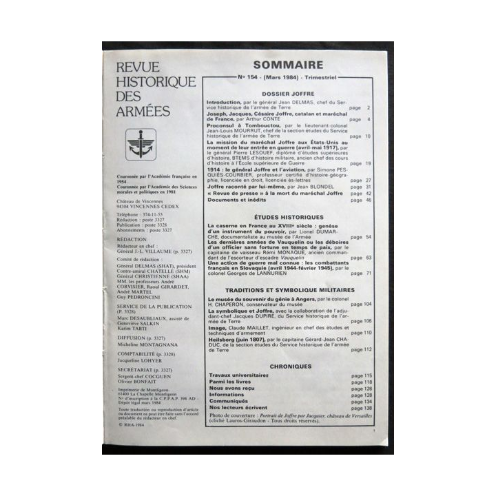 Revue Historique des armées N°1 1984 (N° 154 Mars 1984)