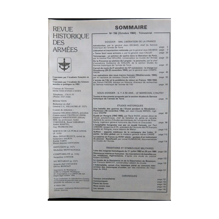 Revue Historique des armées N°3 1984 (N° 156 Octobre 1984)