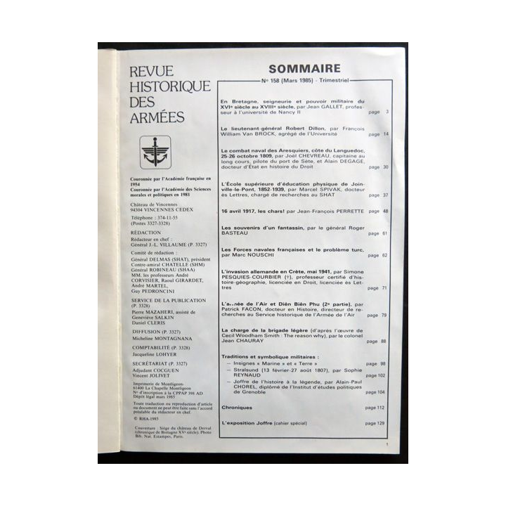 Revue Historique des armées N°1 1985 (N° 158 Mars 1985)