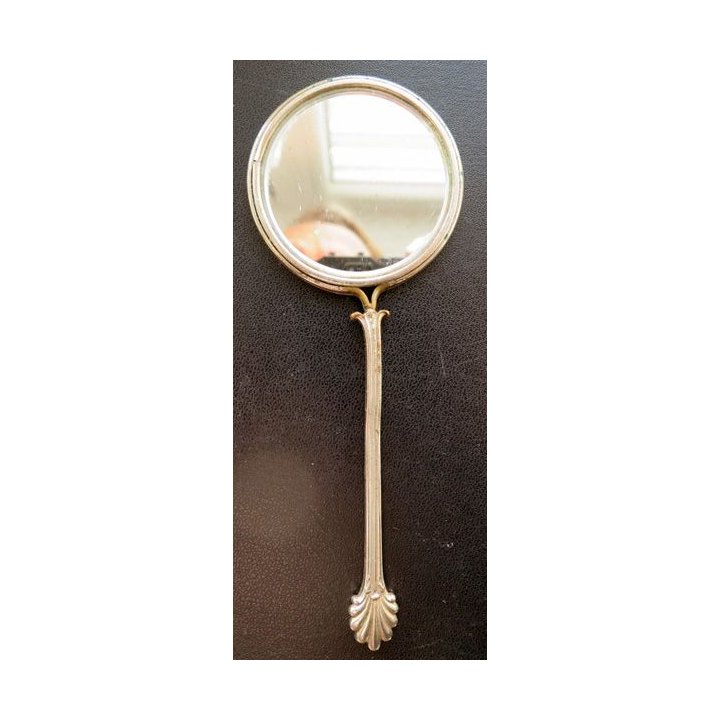 Petit miroir de poche argenté diamètre 5,8 cm et hauteur 15 cm