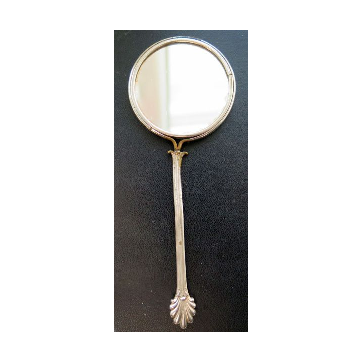 Petit miroir de poche argenté diamètre 5,8 cm et hauteur 15 cm