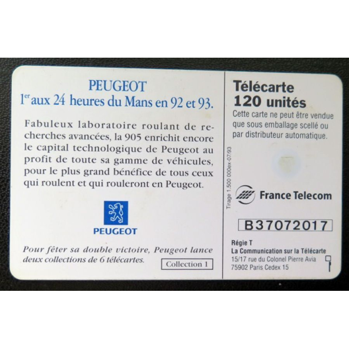 télécarte 120 unités France télécom Peugeot 1° aux 24 heures du Mans en 92 et 93